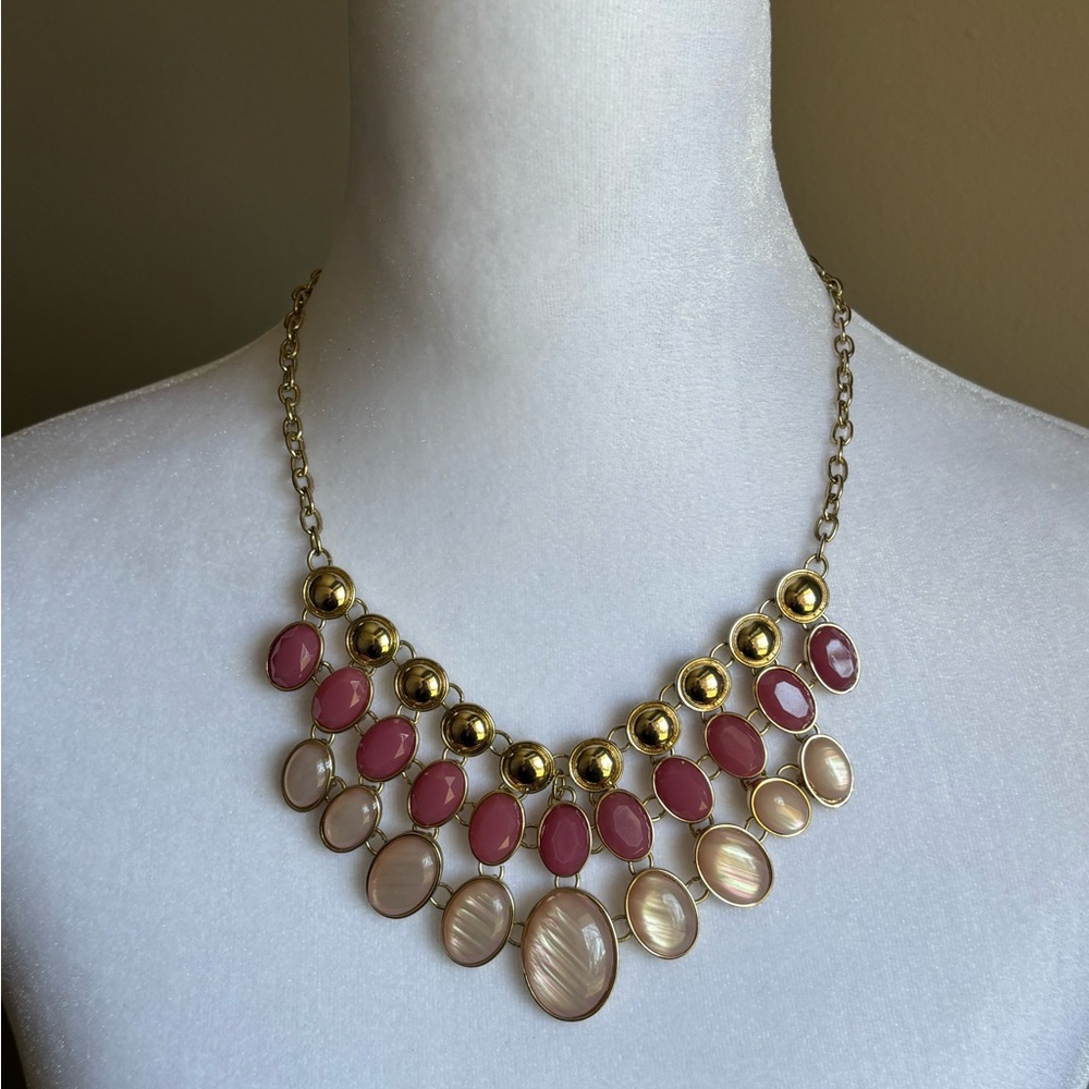 Statement Bib Necklace Pink Blush Cabochon Gold Tone NY Tag
